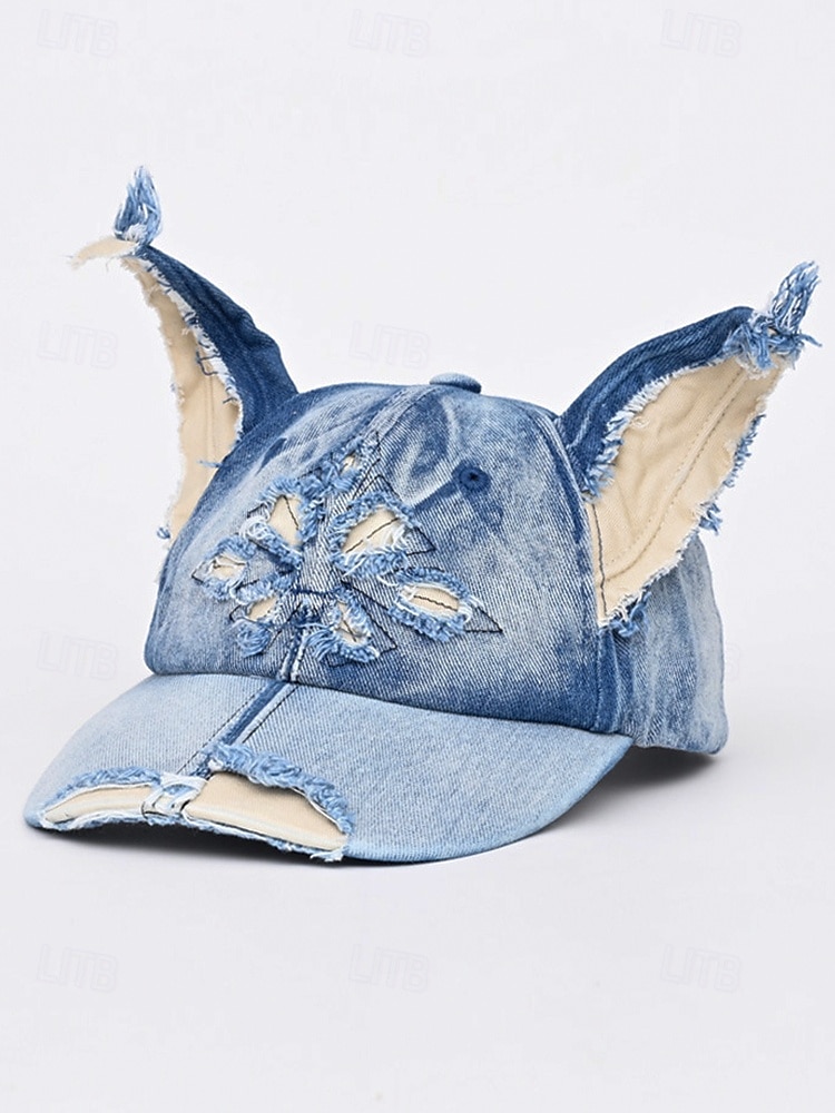 Gorra de béisbol vaquera desgastada para mujer con orejas de gato: sombrero vintage para disfraz de Halloween, estilo lindo y vanguardista para fiestas, cosplay y festivales. 2025 - $24.99 –P7