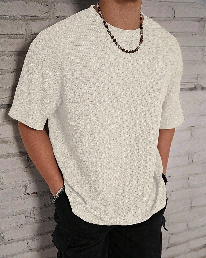 Homme T-shirt Chemise à manches courtes Manche Courte Col ras du cou Été Uni Mode Designer Basique Jacquard Vacances Rue Sortir Noir Blanche Kaki T-shirt haut de gamme pour homme de 2025 ? $14.49 –P1