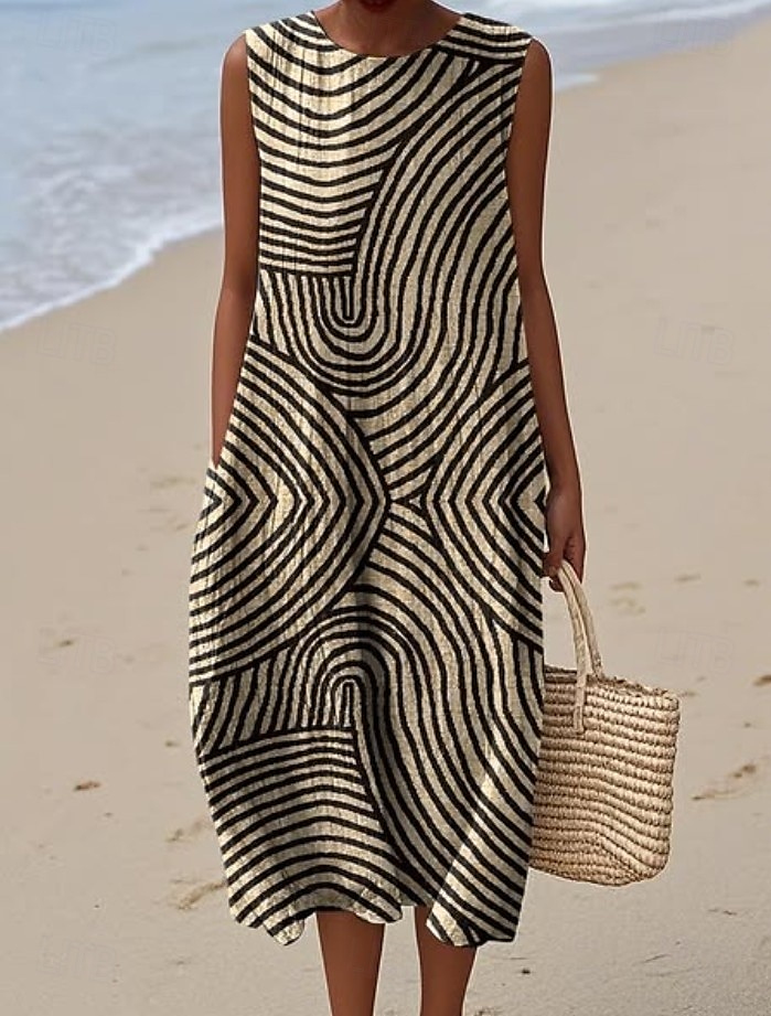 Dames Halflange jurk Zonnejurk Vakantie Casual Boho Feest Strand Ruim Passend Geometrisch Mouwloos Ronde hals Blozend Roze Rood blauw Oranje Zomer Lente 2025 - $35.99 –P1