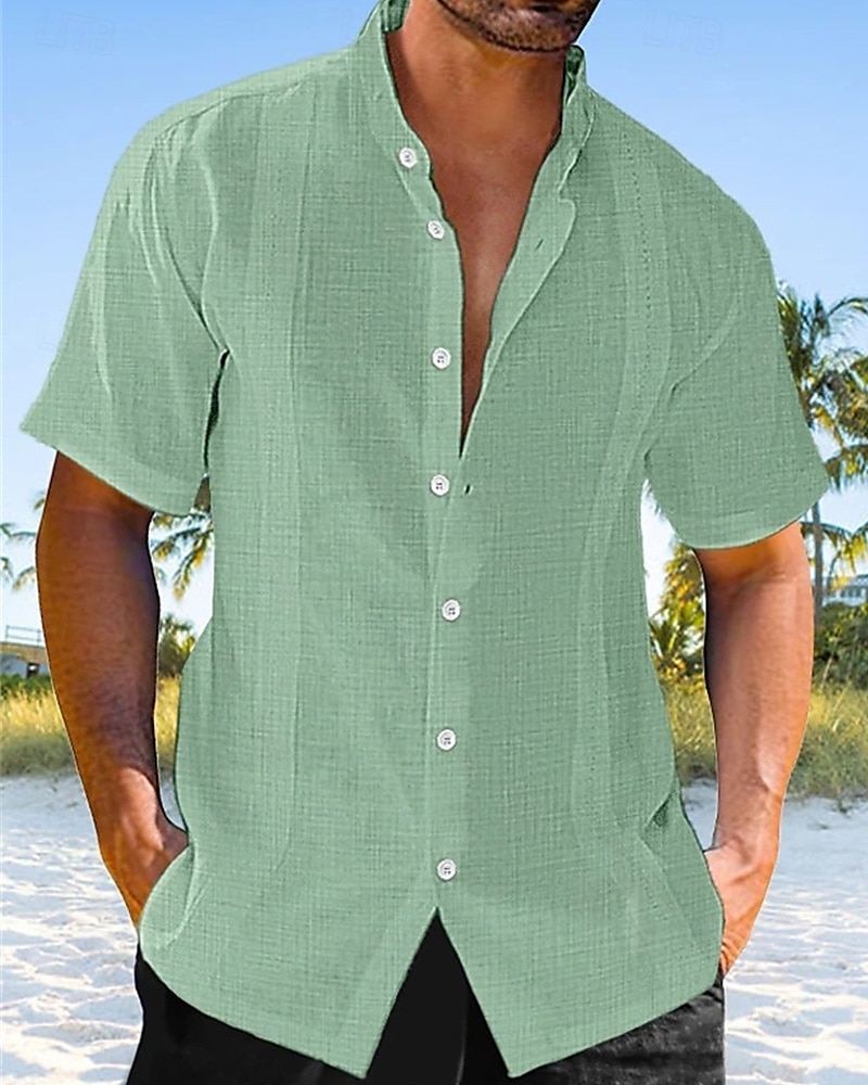Herren Hemd Leinenhemd Freizeithemd Knopfhemd Baumwollhemd Einfach Urlaub Straße Schwarz Weiß Grün Aprikose Kurzarm Stehkragen Sommer Frühling Bekleidung Button-Down 2025 - $19.99 –P4
