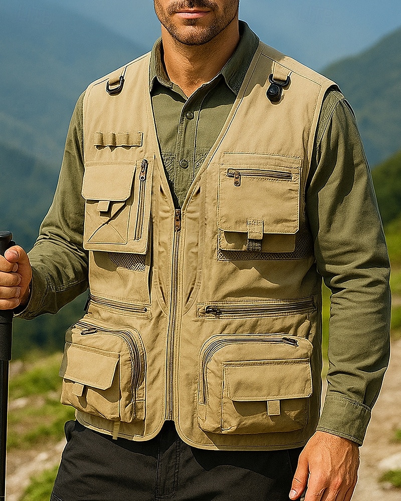 Homme Gilet de pêche Gilet multifonctionnel Sans manches Veste Extérieur Léger Respirant Fermeture éclair Polyester Noir Blanche Vert Véronèse Chasse Pêche Escalade de 2025 ? $20.79 –P1
