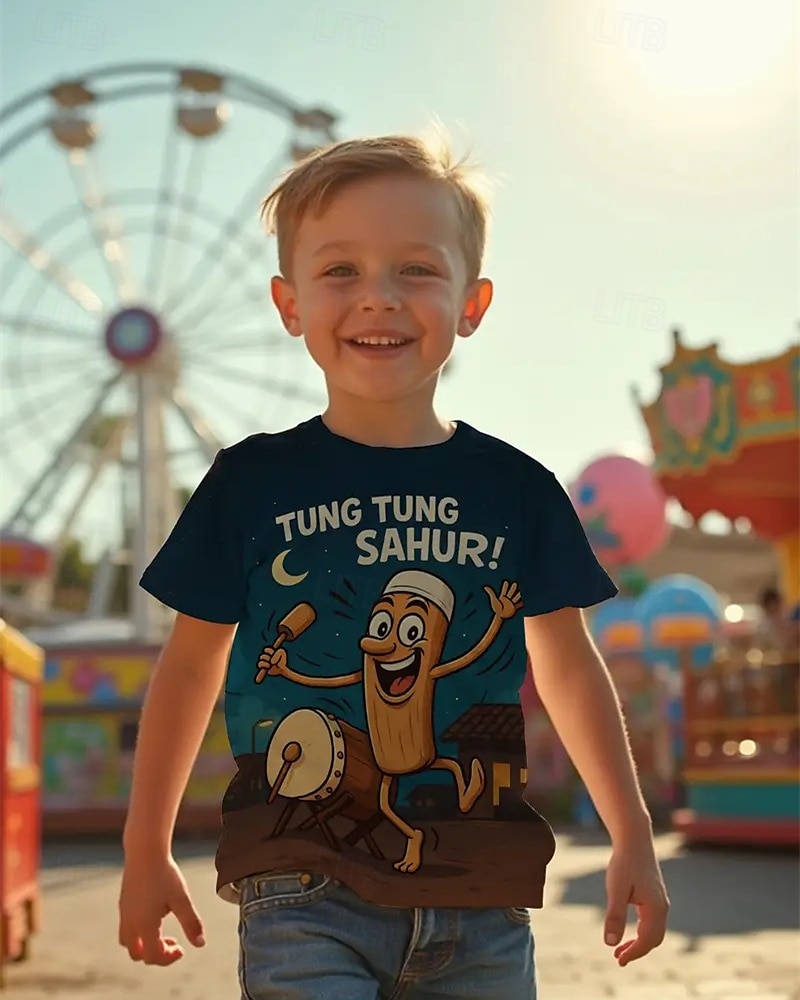 pojkars 3D-grafik lekfull trummande karaktär &Tung Tung Sahur t-shirt med tryck kortärmad sommar vår mode basic barn 4-12 år rund hals utomhus casual daglig normal passform 2025 - $11.99 –P1