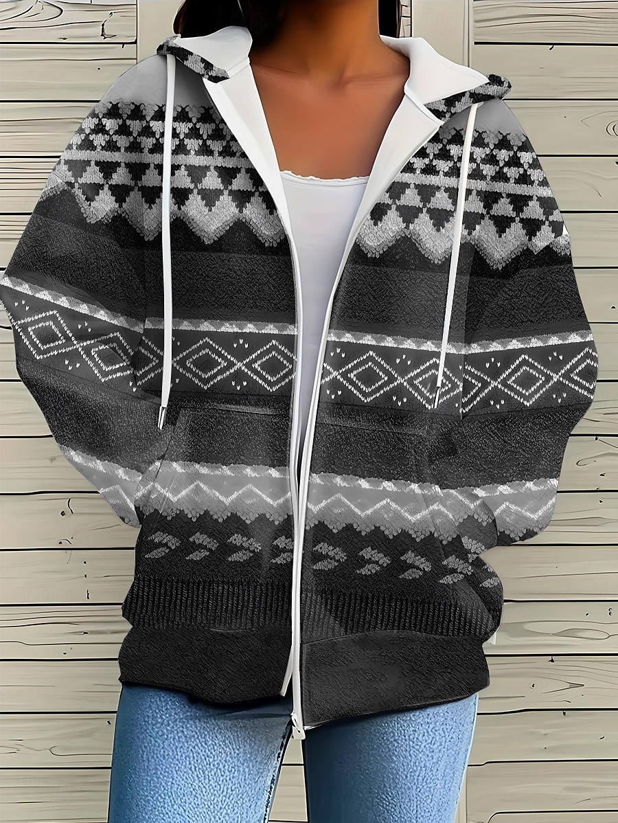 Giacca Felpa con Cappuccio da Donna con Maniche Lunghe e Zip con Tasche Leggera e Casual Micro-elastica Oversize Geometrica a Strisce Attiva Vintage Sportiva con Coulisse Rosso Blu Viola Marrone del 2025 a $26.99 –P11