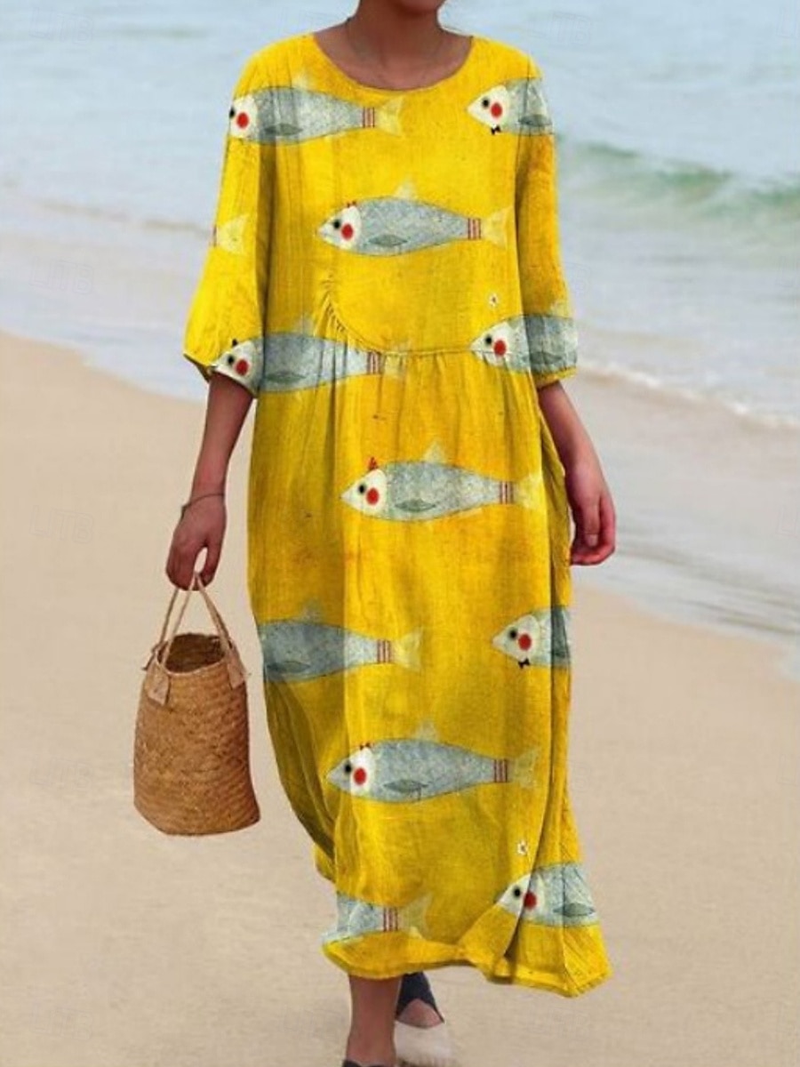 Femmes Robe Midi Robe Décontractée Robe Imprimée Mode Moderne Quotidien Plage Week-end Coupe régulière Poisson Manche 3/4 Col ras du cou Jaune Rouge Bleu Été Printemps Automne de 2025 ? $31.99 –P2