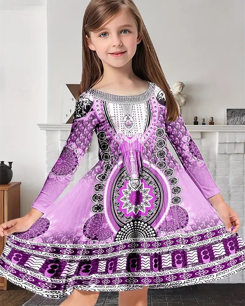 Tyttöjen 3D Kuvitettu Mekko Pitkähihainen Kesä Kevät Loma Päivittäin Pyhäpäivä Prinsessa Kaunis Makea Lapset 4-12 vuotta Rento mekko A linjainen mekko Polvipituinen Normaali 2025 - $16.99 –P1