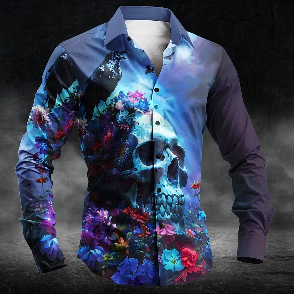 Herren Schädel Krähen Kostüme Hemd Button-Up Hemd Langarm Dunkel Punk Gothic Stil Feiertags Streetwear Sommer Frühling Umgeschlagen 3D Druck Kragenhemden Dunkel Blau 2026 - $27.99 –P1