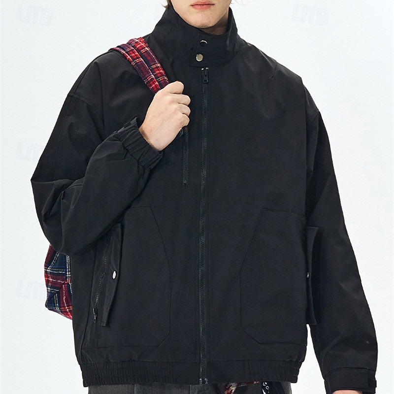 Men's Lightweight Jacket Cargo Jacket Casual Jacket Vacation Daily Windproof Windbreaker Pocket Fall Winter Plain Fashion Classic Stand Collar Regular Black White Purple Green Jacket 2025 - $51.99 –P10