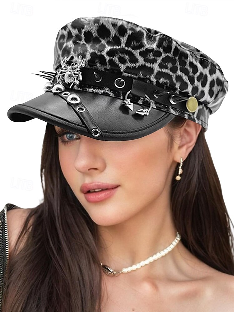 Boné militar feminino com estampa de leopardo para Halloween – chapéu gótico punk de couro sintético com pontas e tachas de aranha, acessório para festa à fantasia e cosplay para uma noite assustadora de 2026 por $14.99 –P3