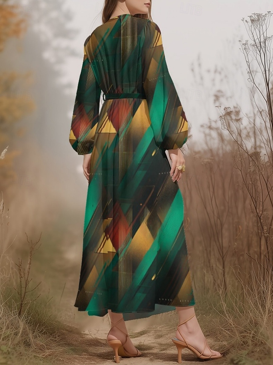 Damen Midikleid Freizeitkleid Chiffon Schwingkleid Modern Urlaub Täglich Wochenende Normale Passform Geometrisch Langarm V Ausschnitt Blau Dunkelgrün Purpur Grün Sommer Frühling Herbst 2025 - $31.99 –P12