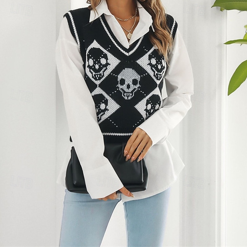 Damen Pullunder Pullover Lässig Skelett Grobstrick V Ausschnitt Gestrickt Ärmellos Normale Oberteile Stricken Halloween Täglich Ferien Schwarz Rosa Herbst Winter 2025 - €16.55 –P5