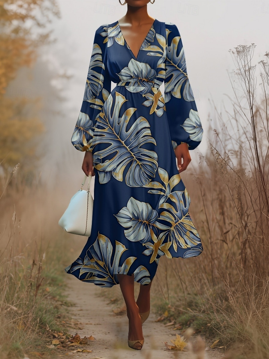 Damen Midikleid Freizeitkleid Chiffon Schwingkleid Modern Urlaub Täglich Wochenende Normale Passform Blatt Tropisch Langarm V Ausschnitt Marineblau Blau Dunkelblau Blau Schwarz Sommer Frühling Herbst 2025 - $31.99 –P7