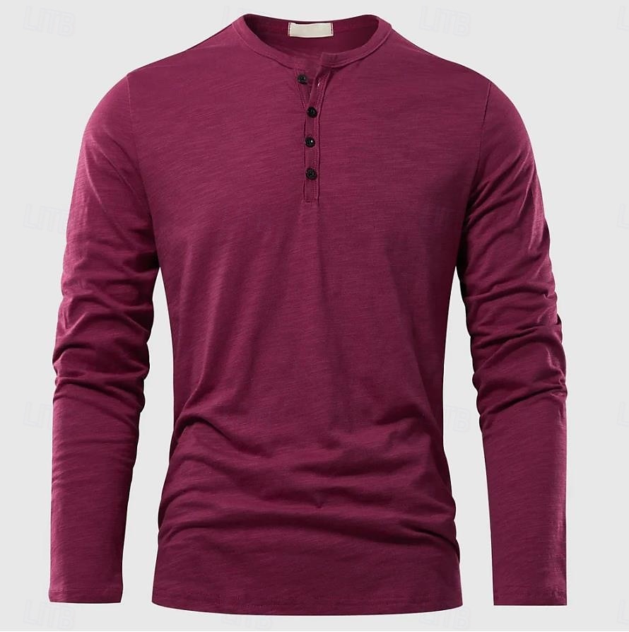Herren Henley Hemd T-Shirt Bambus-T-Shirt Langarm Einfach Einheitliche Farbe Mode Designer Basic Knopf hoch Henley Urlaub Straße Lässig Frühling & Herbst Schwarz Weiß Burgunderrot Henley T-Shirt 2025 - $19.99 –P7