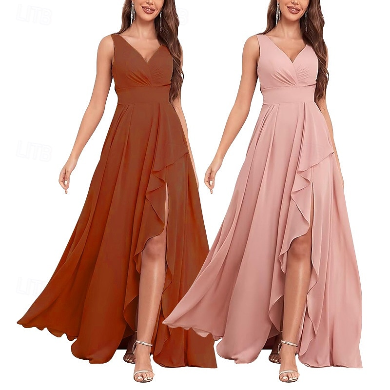 Dámské Dlouhé šaty Maxi šaty Koktejlky Šaty pro svatební hosty Šifón Elegantní Módní Moderní Venkovní Koktejlový večírek Běžný Bez vzoru Bez rukávů Do V Světlá růžová Rubínově červená Léto Jaro Podzim 2025 - $31.99 –P1