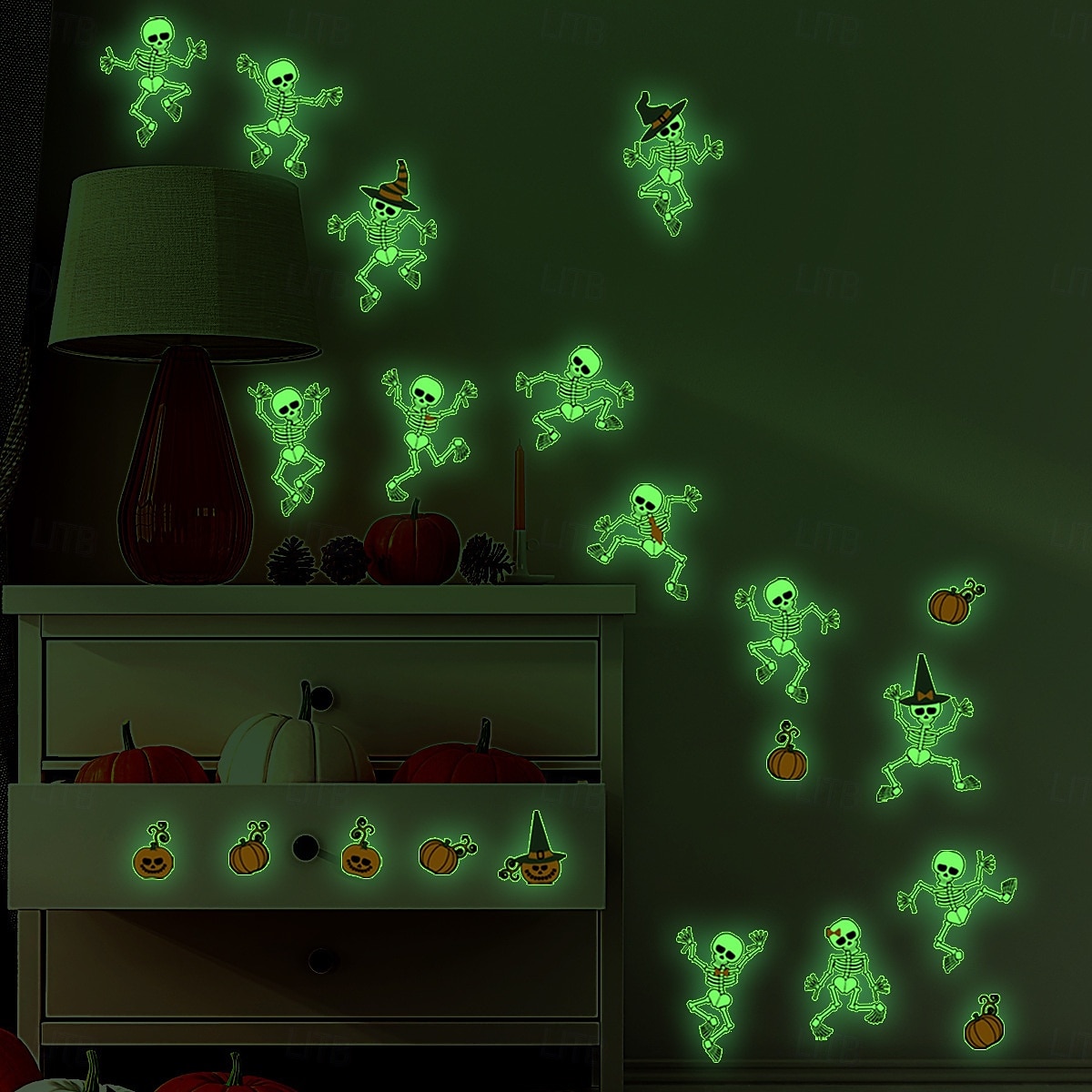 Halloween glow in the dark skelet muurstickers, zelfklevende lichtgevende stickers voor kamerdecoratie, verwijderbare enge Halloween decoraties 2025 - $10.99 –P2