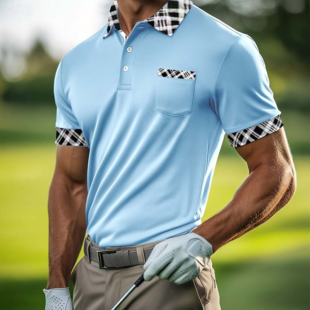Men's Cotton Blend Polo Shirt Golf Shirt Casual Sports Lapel Short Sleeve Fashion Basic Houndstooth Plaid / Check Patchwork Pocket Summer Spring Slim Fit White Light Blue Orange Khaki Grey Cotton 2026 - $8.99 –P10