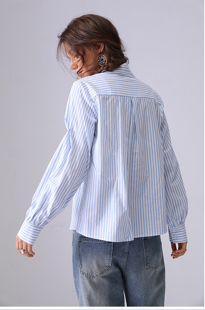 Femmes Chemise Fleuri Rayé Élégant Bohème ancien manche longue Col de chemise Hauts Réguliers Travail Quotidien Fête Broderie 1# Original bleu clair-BLEU Printemps, Automne, Hiver, Été de 2025 ? $41.99 –P6