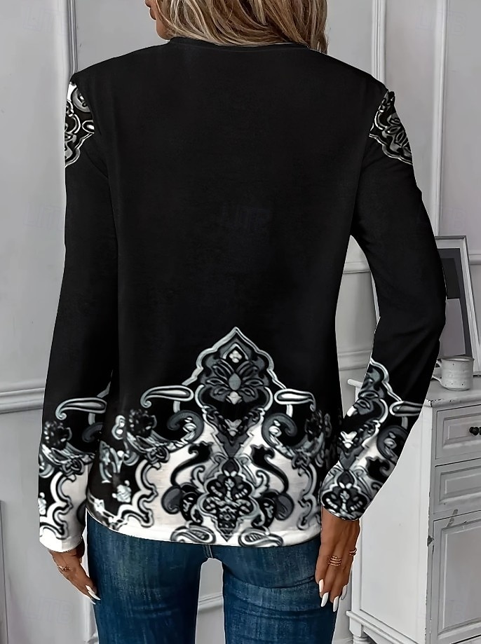Dame Bluse Grafisk Paisly Planter Mote Langermet V-hals Rund hals Vanlige topper Daglig Ut på byen Helg Blonde Lapper Trykt mønster Svart Sommer Vår Høst 2025 - $23.99 –P2
