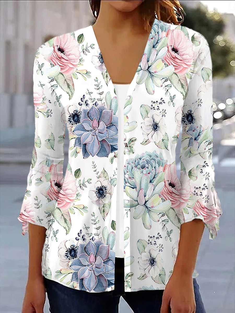 Dame Skjorte Blomstret Grafisk Elegant Årgang Daglig 3/4 ermer V-hals Vanlige topper Daglig Ut på byen Drapering Knapper Hvit Rosa Blå Sommer Vår Høst 2025 - $29.99 –P1