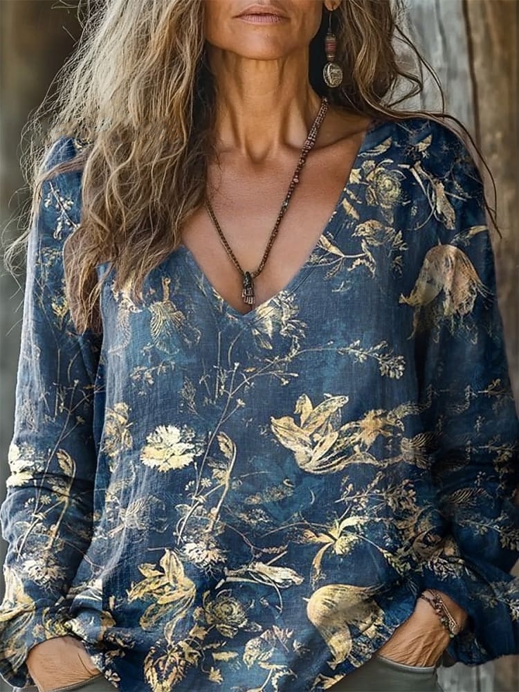 Per donna Blusa Stampato Floreale Quotidiano Elegante Manica Lunga Scollo a V Top Regolari Quotidiano Ferie Blu Nero Bianco Blu marino Blu Reale Estate Primavera Autunno del 2026 a $23.99 –P6