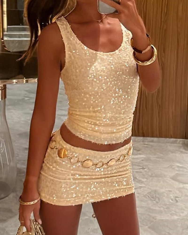 Femmes Mode Chemisier Jupe Ensembles Sans manches Col ras du cou Couleur Unie Paillettes Vacances Fête Jaune Vert Claire Vin Été Coupe régulière de 2025 ? $25.99 –P3