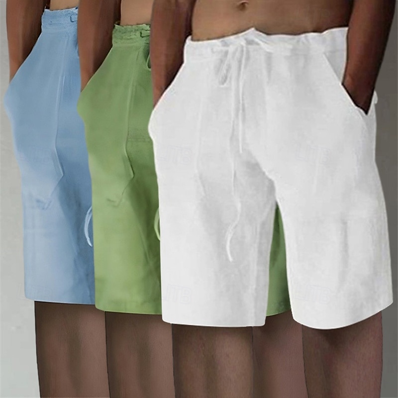 Men's Shorts Linen Shorts Summer Shorts Beach Shorts Elastic Waist Drawstring Front Pocket Plain Comfort Soft Knee Length Casual Daily Vacation Fashion White+Black+Gray black+khaki+blue Inelastic 2025 - $25.99 –P5