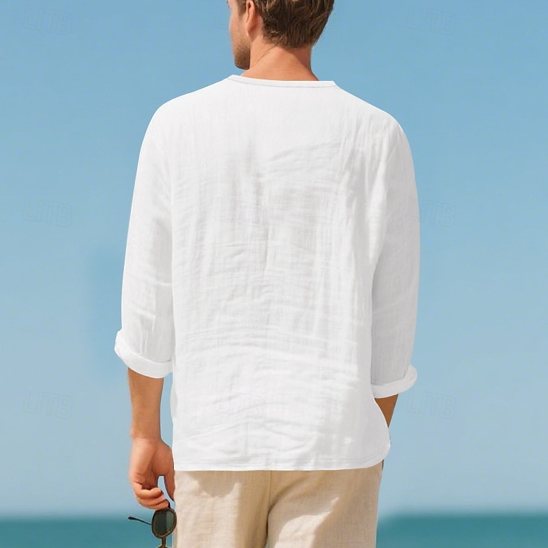 Herr Linne T-shirt Långärmad Rund hals V-hals Sommar Slät Mode Designer Grundläggande Överdimensionerad Mjukt Semester Gata Ledigt Ljusblå Svart Vit Topp t-shirt för män 2025 - $20.99 –P2