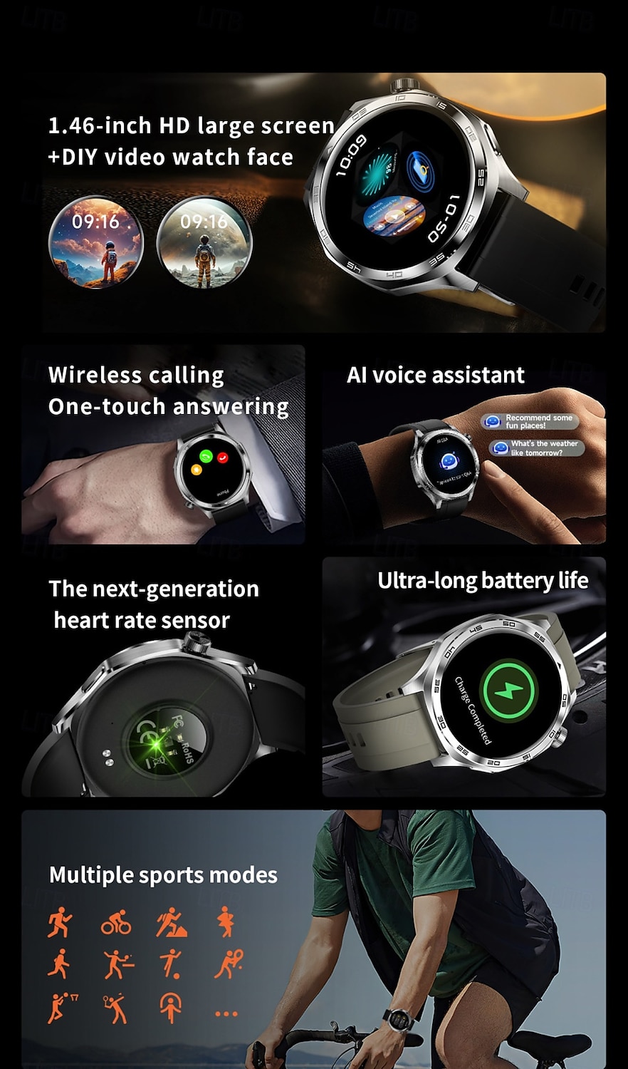 Умные часы 1,46 дюйма, фитнес-часы для бега, шагомер с Bluetooth, напоминание о звонке, трекер активности, совместимый с Android и iOS, водонепроницаемые, с длительным временем ожидания, с 2025 - $41.99 –P2