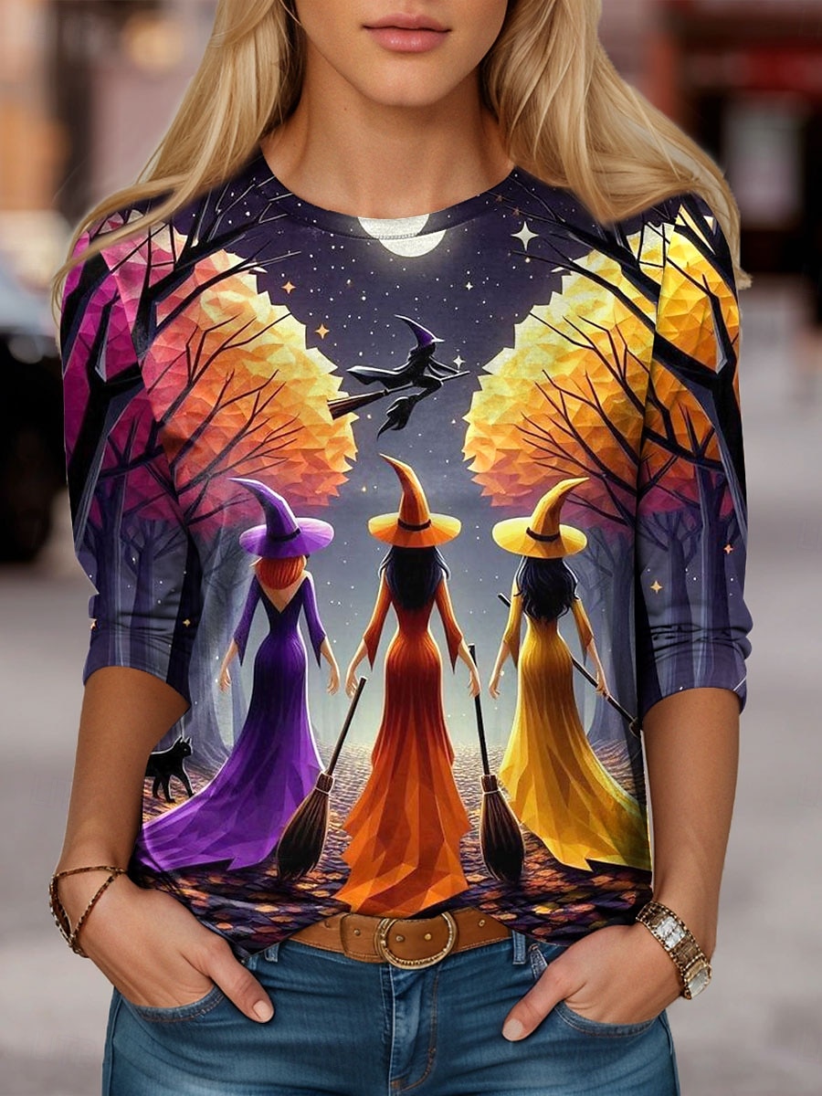 Halloween Pentru femei Tricou Grafic Abstract Vrăjitoare Epocă Stilat Clasic Manșon Lung Stil Nautic Rotund Topuri obișnuite Zilnic Imprimeu Mov Portocaliu Trifoi Vară Primăvară Toamnă 2025 - $22.99 –P1