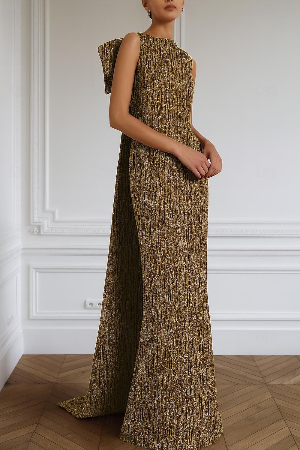 Vestido de Gala de Noite com Cristais Sereia  Trompete Elegante Vestido Formal Casamento Comprimento Longo Sem Mangas Decote Redondo com Laço(s) Removível(is) de 2025 por $149.99 –P4