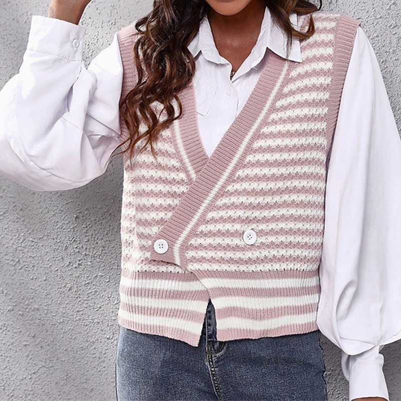 Pentru femei Bluza Casual Dungi Grosolan În V Tricotat Fără manșon Topuri obișnuite Tricotat Zilnic Concediu Ieșire Roz Îmbujorat Toamnă Iarnă 2025 - $19.99 –P2