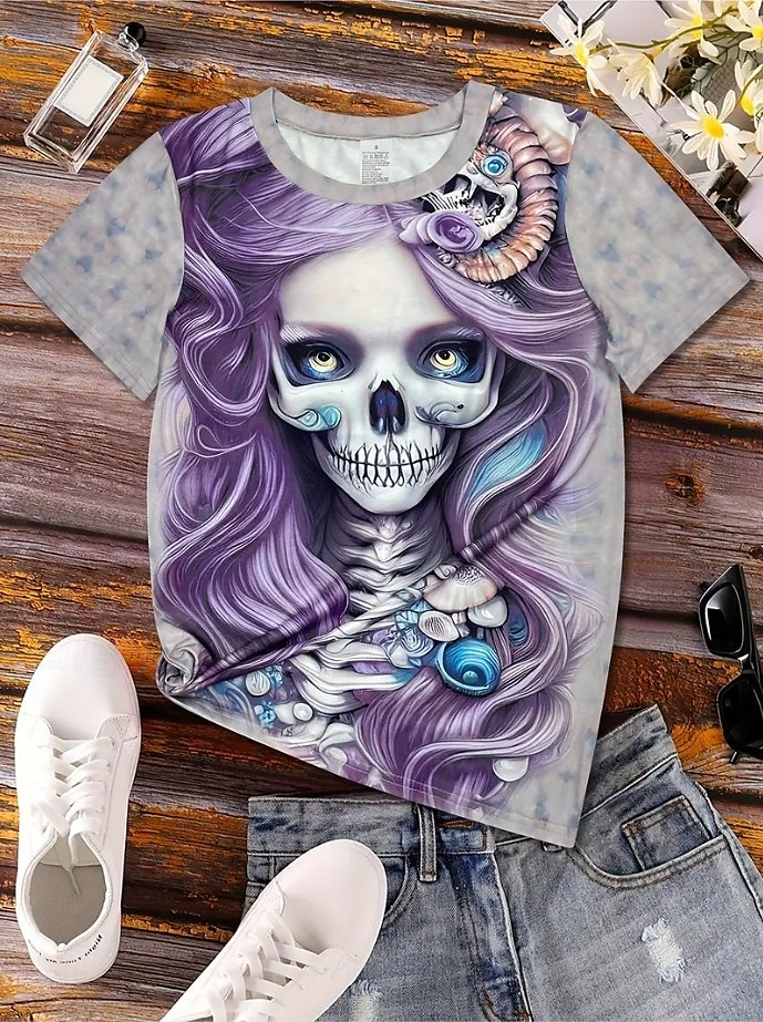 Halloween Femmes T-shirt Fleuri Graphique Crâne ancien Élégant Classique Manche Courte Col ras du cou Col rond Hauts Réguliers Quotidien Week-end Imprimé Noir Violet Gris Été Automne de 2025 ? $19.99 –P5