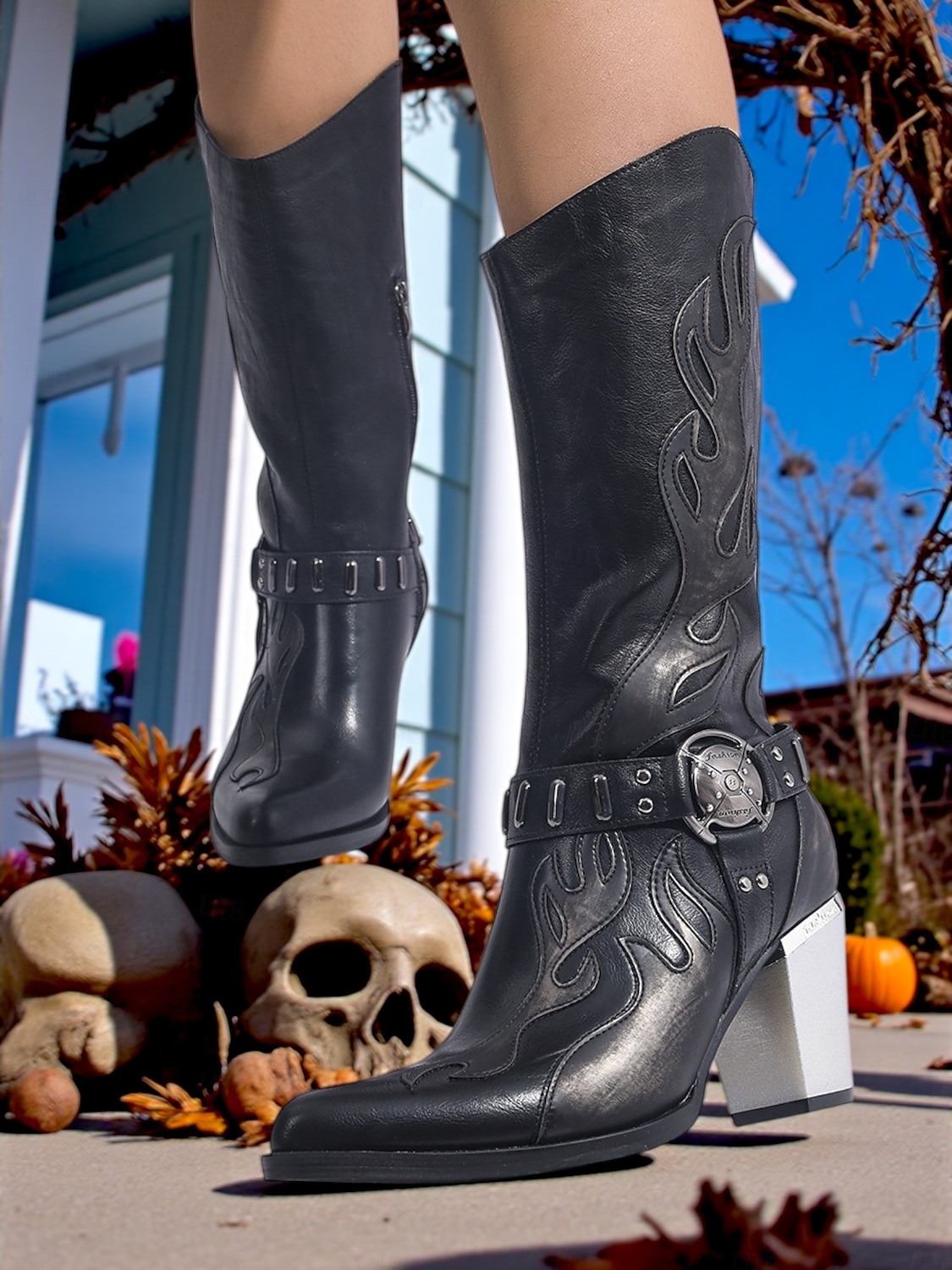Dámské kovbojské boty v západním stylu s vyšívanými plameny - robustní podpatek, černohnědé gotické boty do půli lýtek na Halloween, hudební festivaly a rodeo. 2025 - $79.99 –P2