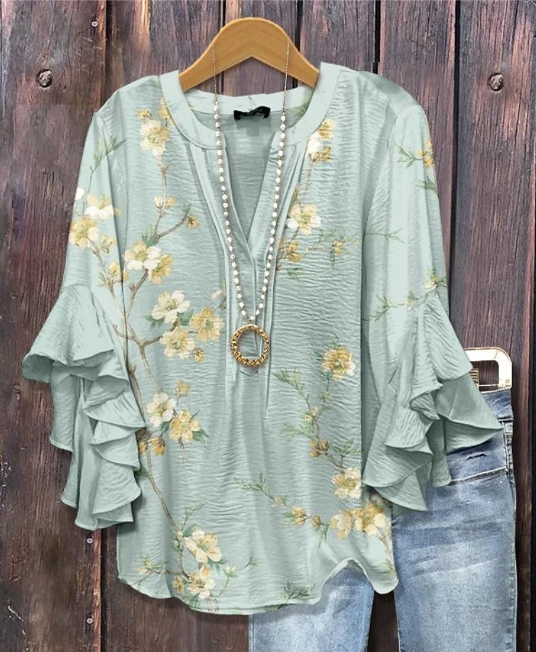 Easter Women's Blouse Floral Graphic Elegant Bohemia Ethnic 3/4 Length Sleeve V Neck Regular Tops Daily Holiday Vacation Wear Ruffle Print White Light Green Blue Purple Green Summer Spring Fall 2025 - $29.99 –P4