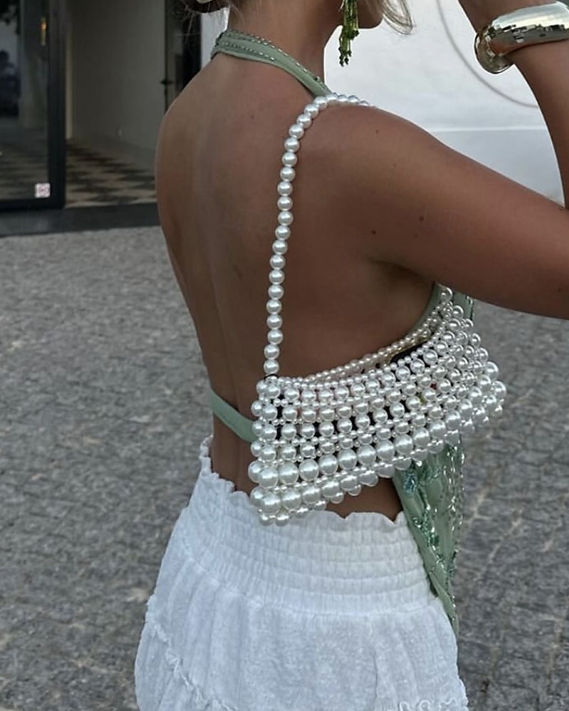 Dame Bluse Blomsternål i krystall Stilfull Moderne Ermeløs V-hals Vanlige topper Daglig Ut på byen Trykt mønster Åpen rygg Brun Grønn Sommer 2025 - $24.99 –P6