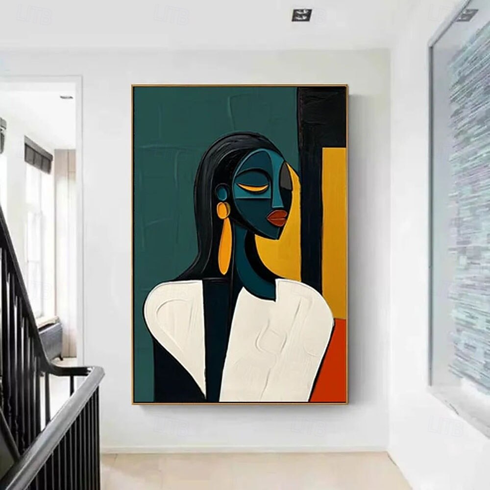 Peinture de portrait abstrait moderne faite à la main peinte à la main avec un contraste chromatique audacieux - peintures à l'huile géométriques figure féminine en or cobalt figure pour peinture de 2025 ? $133.99 –P1