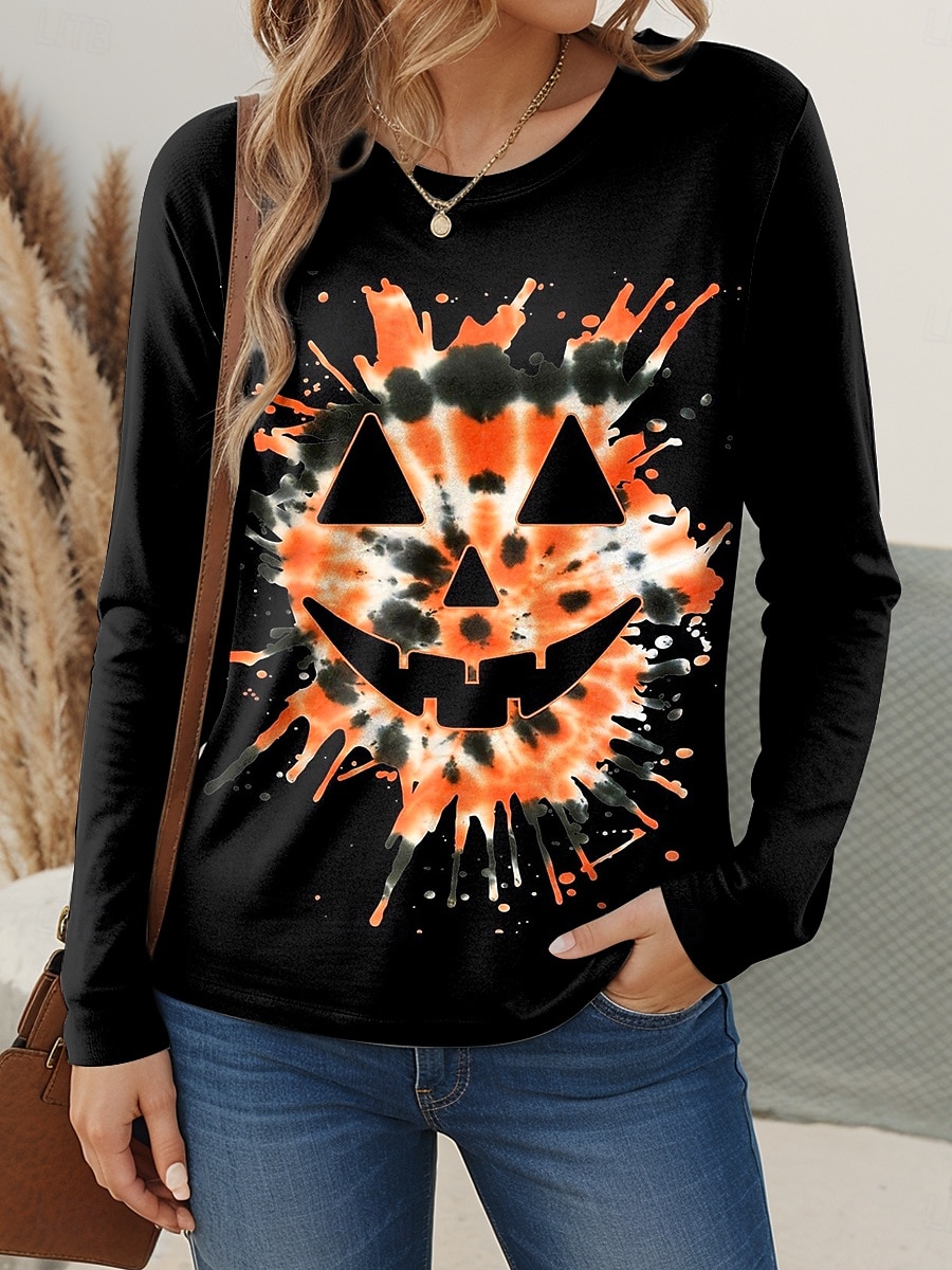 Halloween Pentru femei Tricou Grafic Dovleac Epocă Stilat Clasic Manșon Lung Stil Nautic Topuri obișnuite Zilnic Sfârșit de săptămână Imprimeu Negru Roșu-aprins Fucsia Portocaliu Primăvară Toamnă 2025 - $22.99 –P4