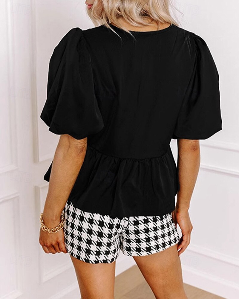 Femmes Chemisier Uni Moderne Occasionnel Manche Courte Col ras du cou Hauts Réguliers Quotidien Fête Sortir Œillet Noir Automne de 2025 ? $28.99 –P5