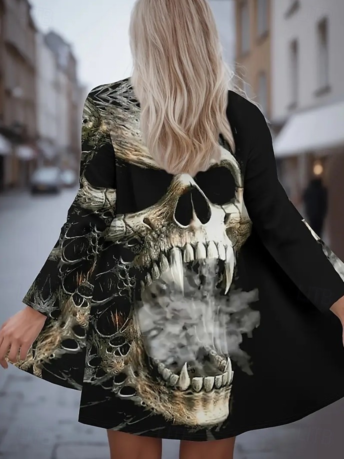 Dame Frakk Lettvekt Bekvem Trykt mønster Årgang Kunstnerisk Fritid Halloween Hodeskaller Avslappet Lang Krageløs Normal Langermet Yttertøy Svart Hvit Rød Vår Høst 2025 - $22.99 –P4