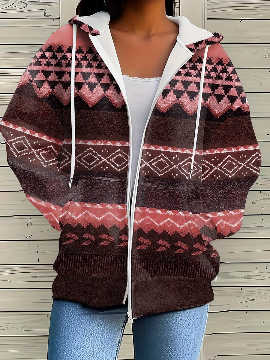 Giacca Felpa con Cappuccio da Donna con Maniche Lunghe e Zip con Tasche Leggera e Casual Micro-elastica Oversize Geometrica a Strisce Attiva Vintage Sportiva con Coulisse Rosso Blu Viola Marrone del 2025 a $26.99 –P9