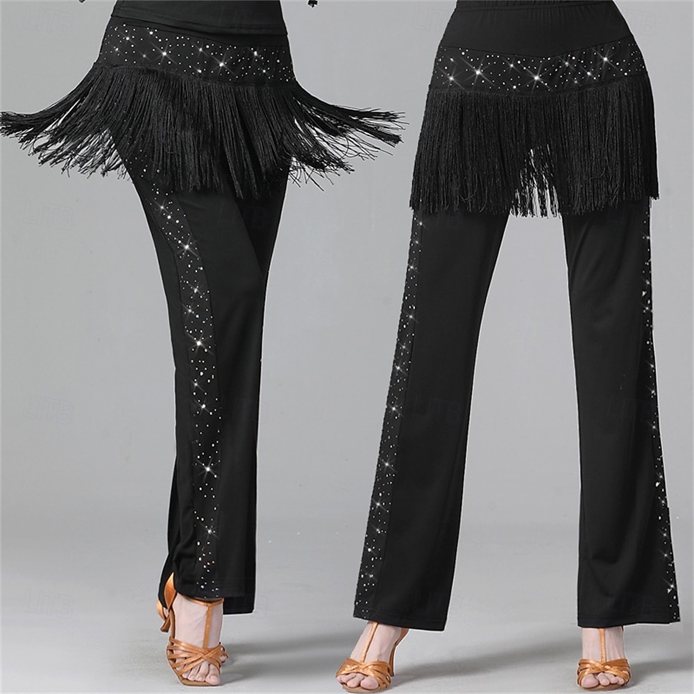 Dames Latijns-Amerikaanse dansbroek met pailletten en franjes – lange, wijde broek voor jitterbug- en matrozendansen &ballroomvoorstelling/oefening 2026 - $46.99 –P4