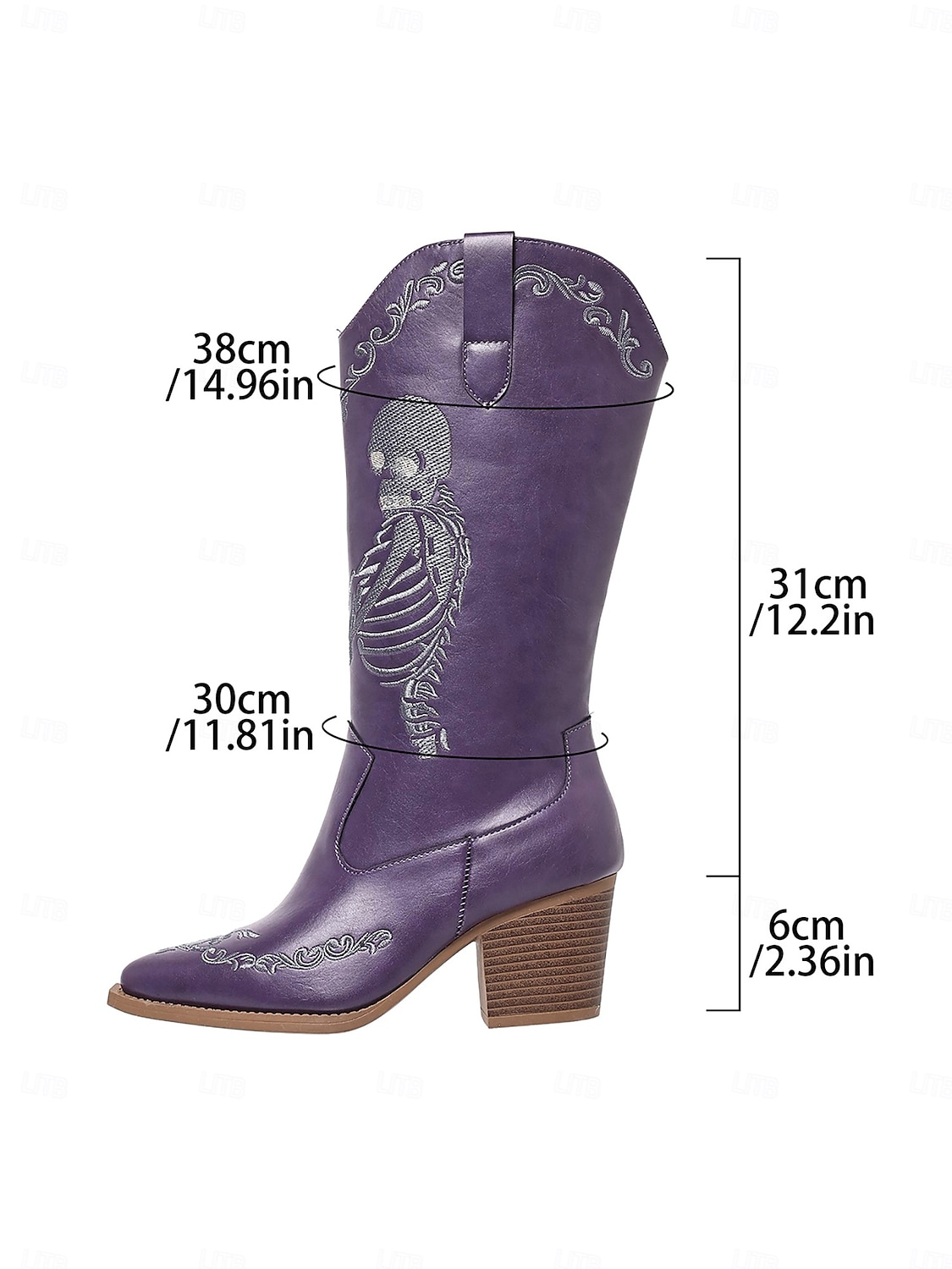 Botas vaqueras azules occidentales para mujer con bordado de esqueleto rosa: botas de media pantorrilla con tacón grueso para disfraz gótico de Halloween, ideal para cosplay, conciertos y festivales 2025 - $54.99 –P4