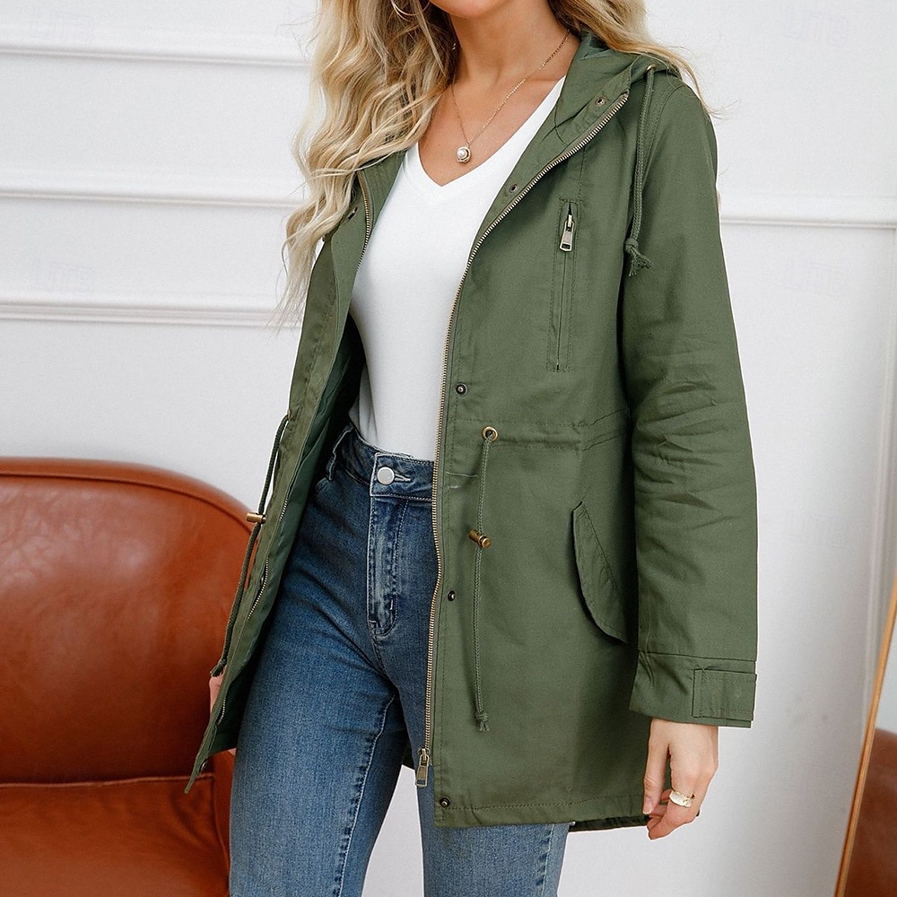 Per donna Cappotto Impermeabile Confortevole Cerniera completa Coulisse Moda Stile da Strada Semplice All'aperto Casual Quotidiano Lungo Con Cappuccio Vestibilità regolare Manica Lunga Capispalla del 2025 a $41.99 –P3