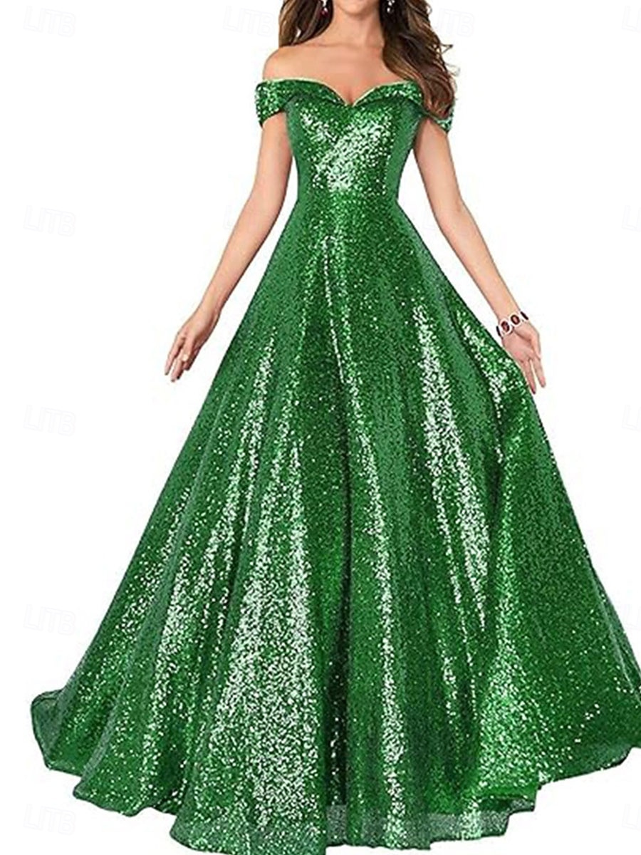 A-Line Evening Gown Elegant Dress Formal Performance Floor Length Short Sleeve Off Shoulder Sequined Backless with Pleats 2025 - $129.99 –P22