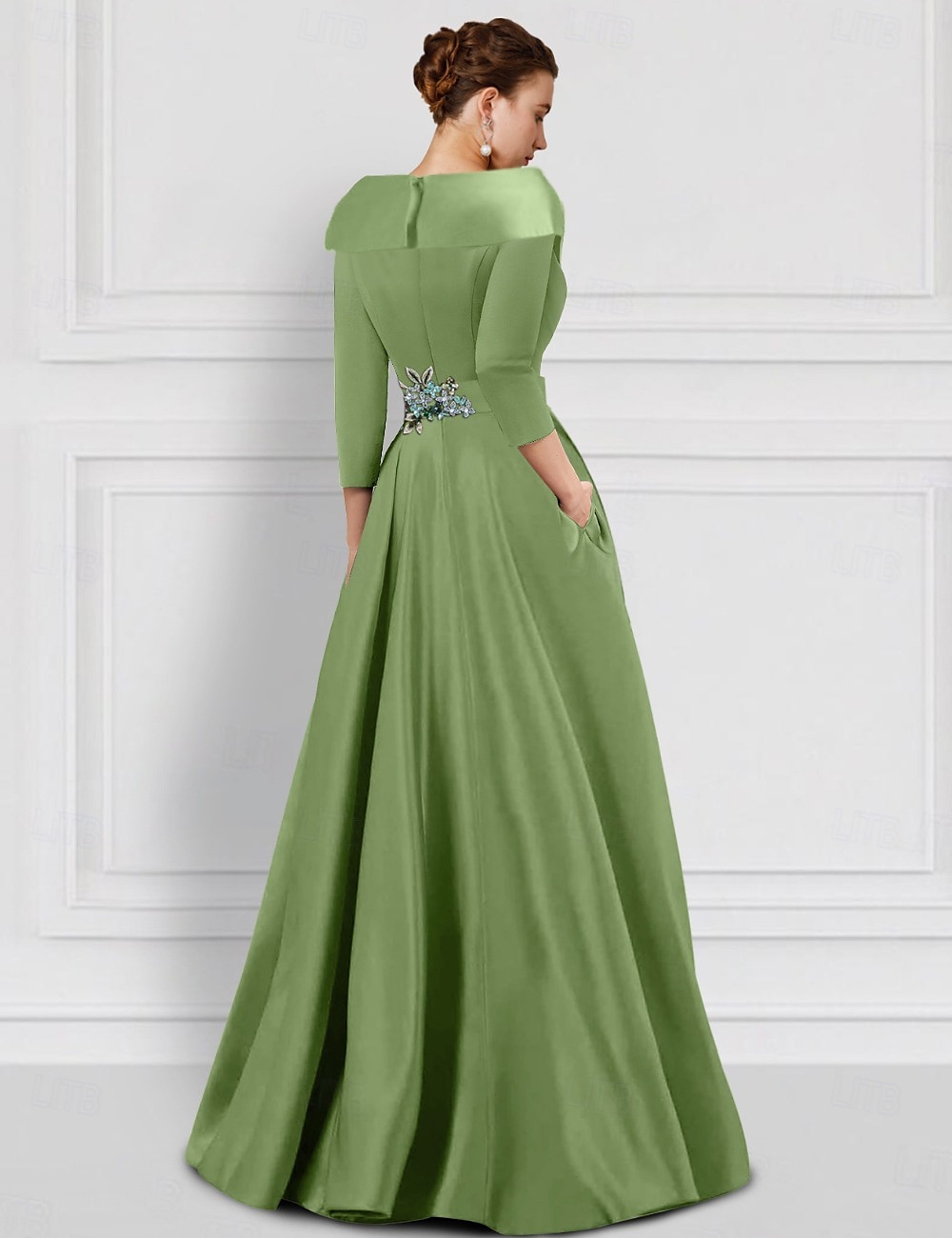 Robe de soirée A-line vert bleu élégante avec jupe overskirt combinaison robe pour mariage formel fleurs longue jusqu'au sol manches demi-longues col chemise en satin avec fente broderies et appliqués de 2025 ? $144.99 –P2