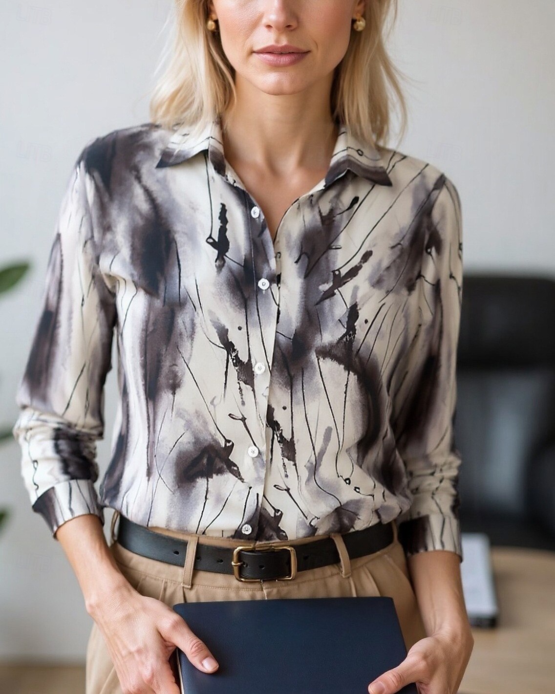 Women's Blouse Dressy Tops Chiffon Tops Graphic Color Block Elegant Daily Stylish Long Sleeve Shirt Collar Regular Tops Work Daily Buttons Print Yellow Wine Green Beige Gray Spring, Fall, Winter 2025 - $24.99 –P4
