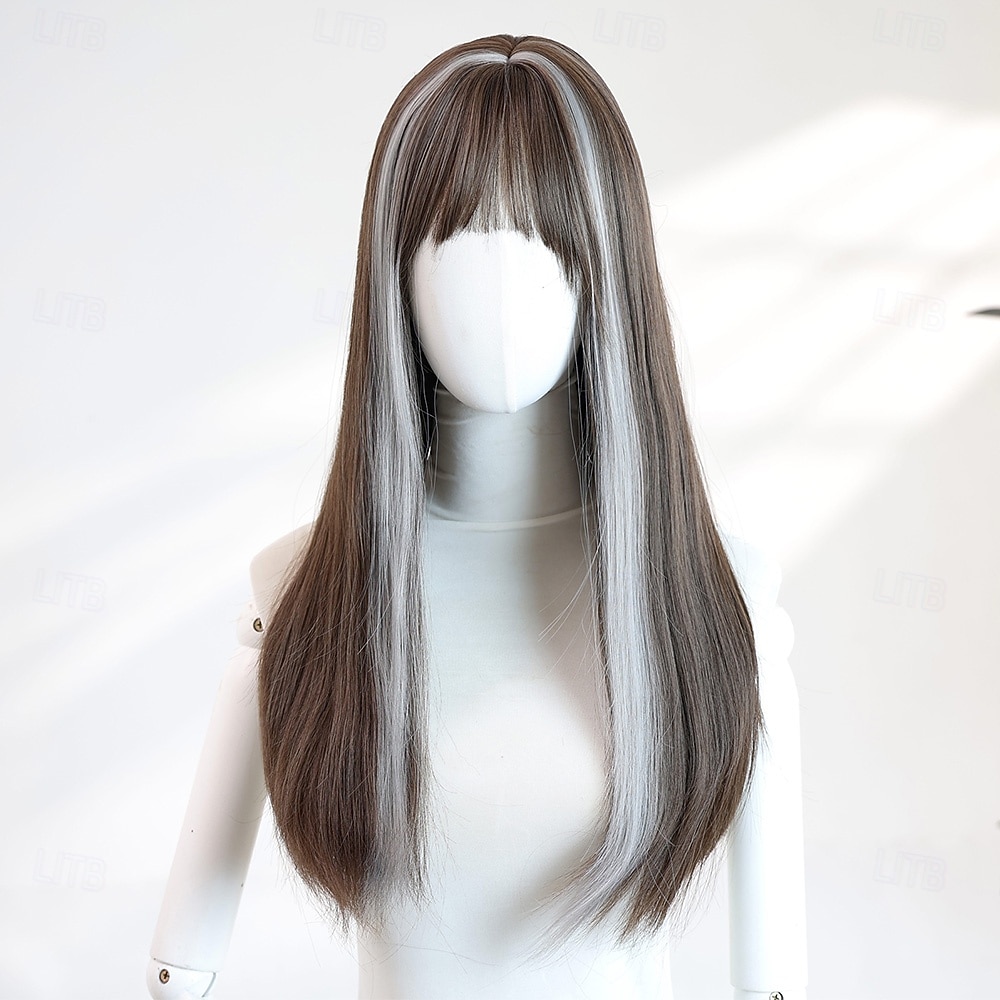 Parrucca liscia da 20 pollici per donna - mèches nere e bianche, frangia piena, fibra sintetica ad alta temperatura, ideale per Halloween, cosplay e uso quotidiano del 2025 a $32.99 –P2