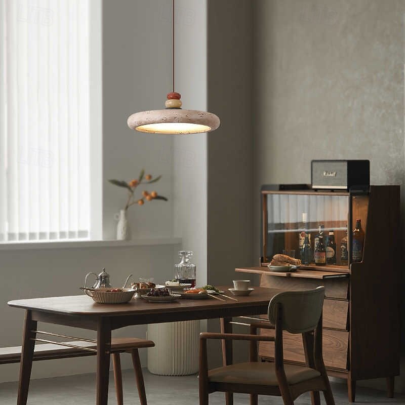 Lampadario in pietra naturale wabi sabi, lampadario rotondo a LED in pietra di grotta gialla, lampadario in legno nordico, isola cucina, luci a sospensione in travertino giallo in stile giapponese. del 2025 a $279.99 –P2