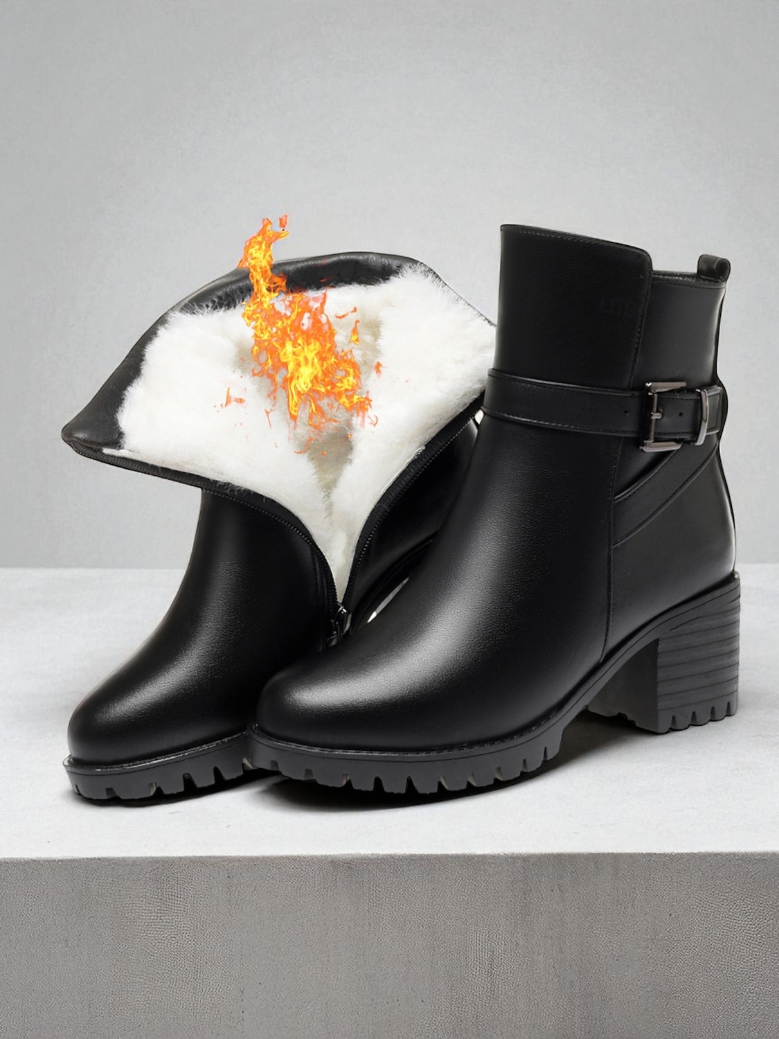 Botas femininas de couro preto - botas de inverno de salto médio com forro de pele quente, zíper lateral e fivela para clima frio, trabalho &roupas para atividades ao ar livre de 2025 por $59.99 –P4