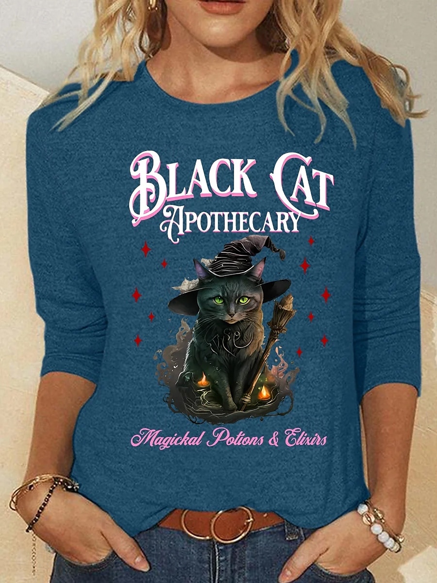 Halloween Femmes T-shirt Graphique Animal Chat ancien Mode Élégant manche longue Col ras du cou Col rond Hauts Réguliers Quotidien Week-end Imprimé Noir Rose Claire Bleu Été Printemps Automne de 2025 ? $22.99 –P2