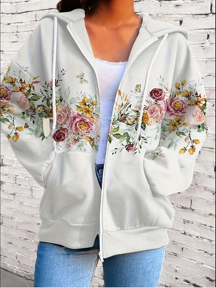 Dame Zipper Hoodie Blomster Grafisk Moteklær Casual Langermet Hette Vanlige Topper Gate Hverdagsbruk Lomme Trykk Hvit Lilla Fuksia Vår Høst 2025 - $27.99 –P1